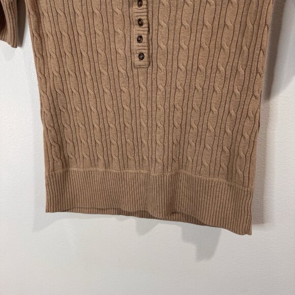 Eddie Bauer Sweater Shirt M Short Sleeve Cable Knit Camel Tan Henley Preppy - Picture 3 of 8
